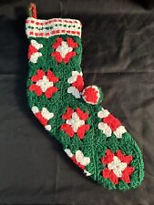 Handmade Crocheted Granny Square Red Green White Christmas Stocking Vintage 16”