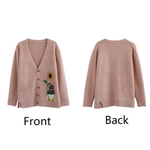 Lady Jacquard Knit Sweater Cardigan Kawaii Girl Sunflower Embroidery Ethnic Tops - Picture 1 of 17