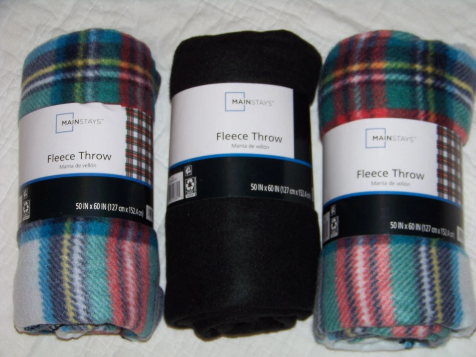 3 MainStays Fleece Throw Blankets - - 2 Plaid - 1 Black