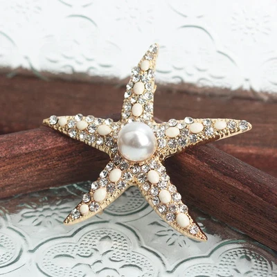 Broche prendedor estrella de mar dorado con perla cristal blanco playa joyería regalo para mujer Foto 1 de 4