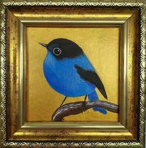 Original Pájaro Azul Pintura Pájaro en una Rama Obra de Arte Enmarcado en Oro Bluebird Arte - Imagen 1 de 10