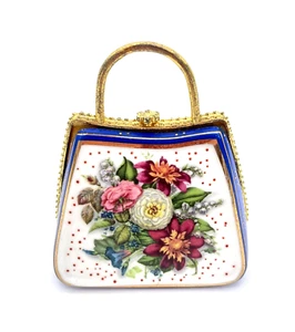 Vtg Trinket Box Purse My Treasure Porcelain 22k Gold Trim Blue w/Floral Center - Picture 1 of 9