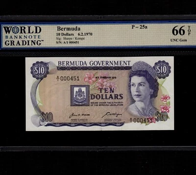 Bermuda 10 Dollars 1970 P-25a * Gem Unc 66 TOP  * Queen Elizabeth * S/N 000451 * - Image 1 of 2