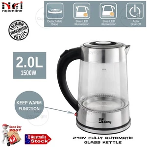 240V 2.0L FAST BOILING BOROSILICATE GLASS BLUE LIGHT CORDLESS KETTLE TEA COFFEE - Picture 1 of 5