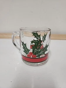 Vintage Libbey Glass Christmas Holly Berry & Ribbon Thick Coffee Mugs M4 - Picture 1 of 6