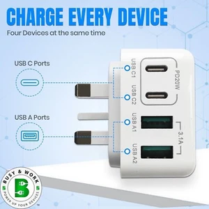 USB-C PD Fast Charger 4 Ports Adaptor UK Plug 40W iPhone 16 15 14 13 12 Pro Max - Picture 1 of 21