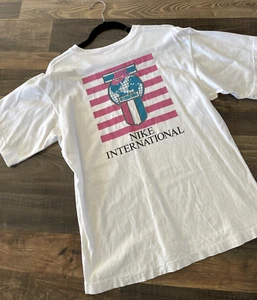 Rare Vintage Nike International Shield Badge Spell  Top Shirt S 80s 90s-Stains - Picture 1 of 14