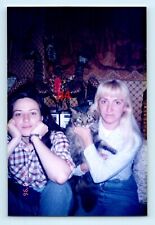 FOUND COLOR PHOTO cute two women playing with a tabby cat