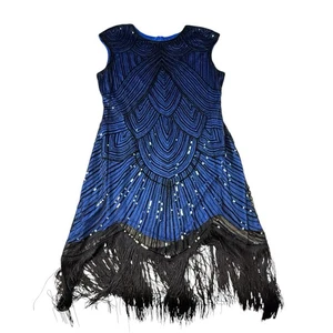 Women's 4XL Blue Black Sequin Fringe Flapper Dress - Picture 1 of 2