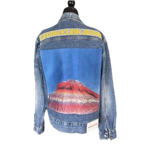 Calvin Klein Jeans Denim Jacket Mountain Print Embroidered Logo Mens Lrg Sunset - Picture 1 of 17