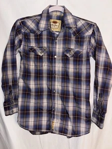 Larry Mahan Cowboy Shirt Boys L, Blue Plaid Pearl Snap Button Western - Picture 1 of 3