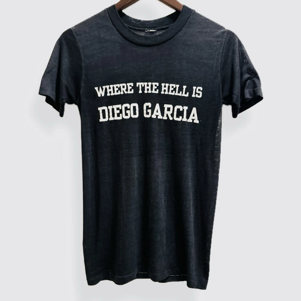 VTG Paper Thin Military Base T-shirt S Black Single Stitch Diego Garcia Thrashed - Image 1 of 4