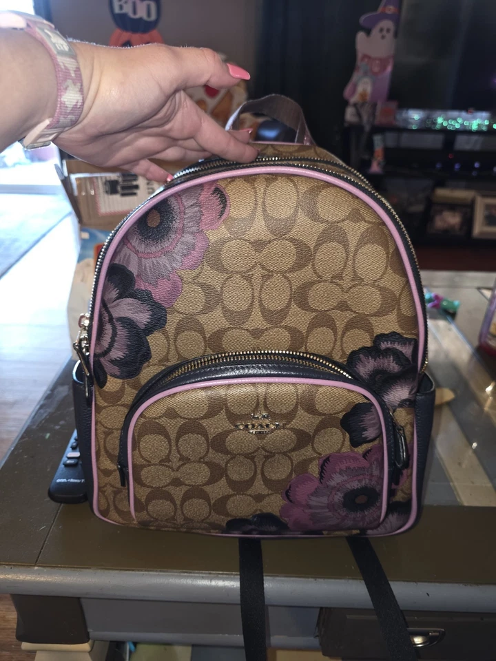 Cartera Mochila Coach Púrpura Floral Firma Lona Cuero Borde Foto 1 de 4