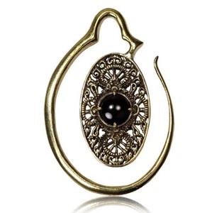 PAIR OVAL 6g TRIBAL 1" 3/4 INCH ORNATE BRASS ONYX PLUGS EARRINGS GAUGES HOOPS - Picture 1 of 1