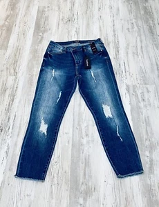 New BEBE Distressed Crop Short Skinny Capri Dark Denim Blue Jeans Pants Women 30 - Picture 1 of 7
