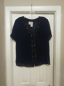 Julie Stevens: Damen marineblau Blumenmuster transparent V-Ausschnitt Knopfleiste Shirt Größe 13/14 - Bild 1 von 7