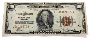 1929 $100 National Currency Kansas City Brown Seal Note in VF Condition F-1890J - Picture 1 of 3