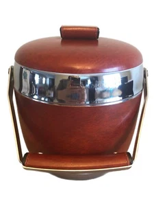 Vtg Red Faux Leather Chrome Ice Bucket Silver Trim Japan Bar Ware Wine Beer MCM - Picture 1 of 8