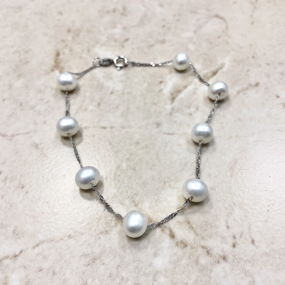 Pulseira de pérolas brancas de ouro branco 14 quilates - Pulseira de pérolas genuínas - Imagem 1 de 4