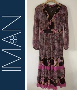 IMAN Animal Print Brown Pinks Floral Midi Maxi Dress Size Small VNeck LongSleeve - Picture 1 of 9