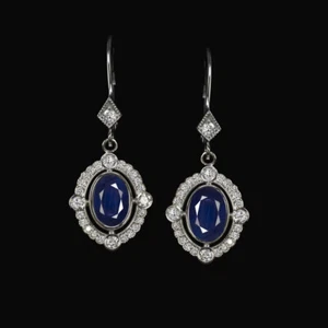SAPPHIRE DIAMOND DANGLE EARRINGS VINTAGE STYLE OVAL SCALLOP HALO NATURAL 14k - Picture 1 of 1