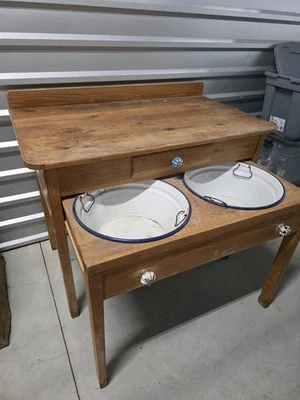 Rare antique pine wash basin table stand with two enamel basin bins with storage - Image 1 of 3