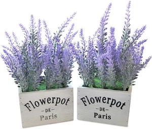 Plantas artificiales de lavanda en macetas de madera rústica (paquete doble). Madera blanca - Imagen 1 de 8