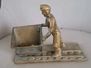 Vintage Heavy Solid Brass Coal Miner Pushing Mining Tram. - Picture 1 of 5