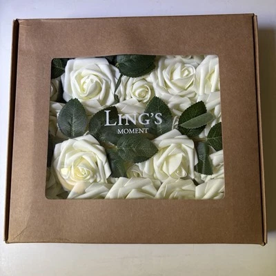 Ling's Moment Artificial Foam Flowers 25 pcs. Ivory Roses w/Stems & Leaves - New - Image 1 of 4