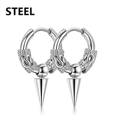 2 Pc Stainless Steel Hoop Earrings Punk Geometric Stud Black Modern Men Jewelry - Image 1 of 4