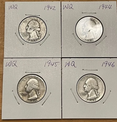 Washington Quarters Lot Of 4, 1942, 1944, 1945 & 1946, Silver 90% - Image 1 of 2