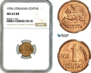AK788, Lithuania, 1 Centas 1936, NGC MS63RB - Picture 1 of 1