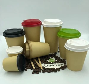 100 x BROWN PAPER CUPS DISPOSABLE KRAFT PAPER CUPS FOR HOT DRINKS WITH LIDS - Picture 1 of 23