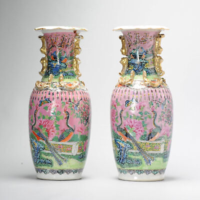 Pair 28.5CM 19C Antique Chinese Vases Cantonese Rose Ground Rooster Peacock • 56.11$