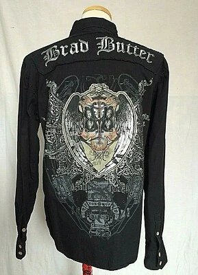 Brad Butter Mens Button Up Graphic Shirt XL Black Goth Wings Silver Embroidered - Image 1 of 4
