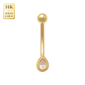 14K Solid Gold CZ Teardrop BarbellEarring Eyebrow Body Piercing Jewelry 16 Gauge - Picture 1 of 8