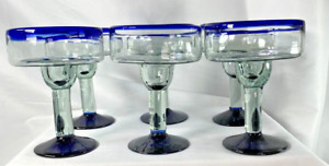 Beautiful Hand Blown Blue Rimmed Margarita Glasses Set of Six
