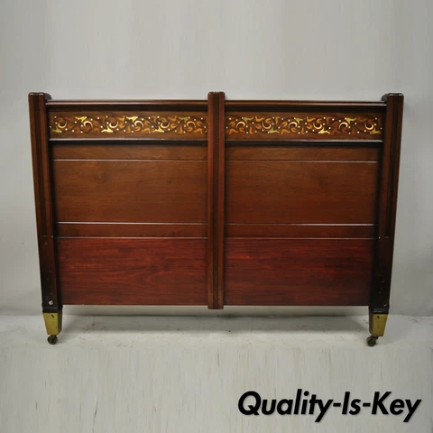 Herts Brothers Brass Satinwood Inlay Edwardian Mahogany Queen Bed Headboard Cover