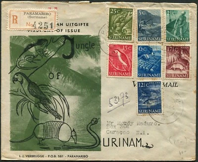 Suriname Jungle Definitives FDC 1954 Paramaribo Registered Airmail Cover Curacao - Image 1 of 2