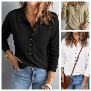 Womens Buttons Long Sleeve T Shirt Blouse Tops Spring Ladies Valentine's Gift - Picture 1 of 12