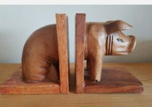 Handmade heavy wooden Pig boar porker hog Bookends rustic 6cm stained 