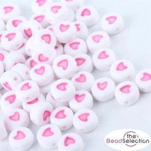 100 White Round Pink Heart Beads Acrylic 7mm Jewellery Making Childrens ACR221 - Picture 1 of 3