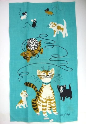 RARE Tammis Keefe Signed MCM Cats Kittens Mice Linen Tea Dish Hand Towel w/ Tags - Image 1 of 4