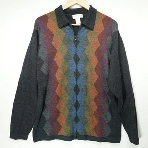 VTG Tricots St Raphael Cardigan Sweater Mens Medium Argyle Full Zip Merino Wool - Picture 1 of 10