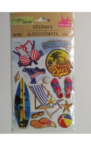 14 ADESIVI artigianali quadrati dimensionali ~ estate, surf, bikini, conchiglie da spiaggia + - Foto 1 di 5