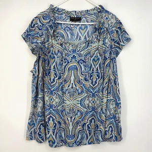 Lane Bryant Womens Sz 26 28 Pullover Blouse Top Blue Beige Paisley Short Sleeve - Picture 1 of 8