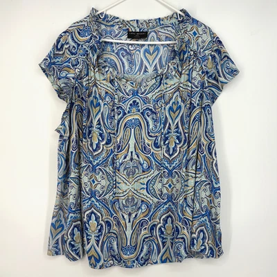 Blusa Pulôver Lane Bryant Feminina Tamanho 26 28 Azul Bege Paisley Manga Curta - Imagem 1 de 4