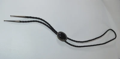 Corbata Bolo Vintage Nativo Americano Plata Esterlina Cuero Ónix Negro Foto 1 de 4