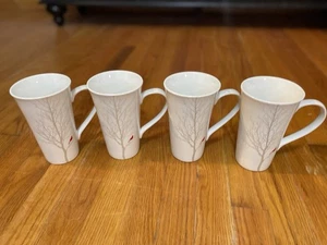 222 Fifth Winter Cardinal Latte Mug Tall White Coffee Cup Silver Trees Set Of 4 - Picture 1 of 23