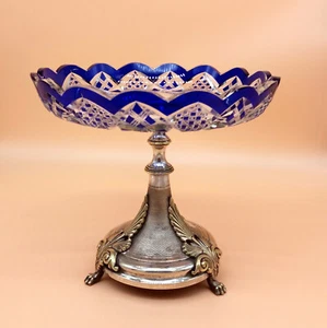 Antique Center Piece Cobalt Blue Crystal and Silverplated Metal 1900' - Picture 1 of 9